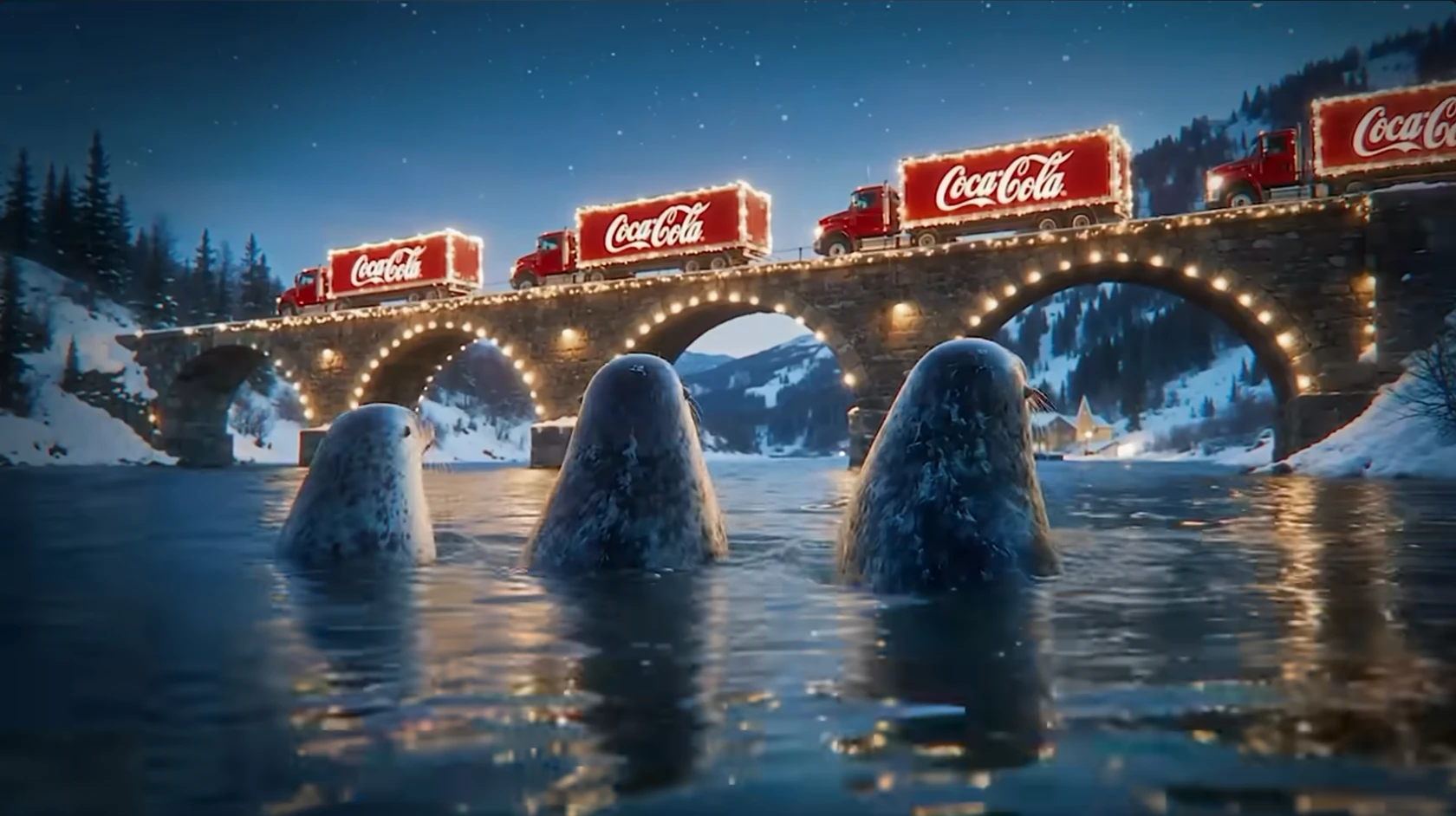 Грузовики Coca-Cola на освещённом мосту в зимнем пейзаже