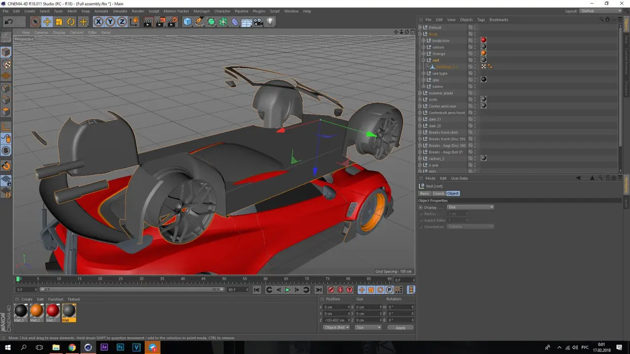Архивная сцена Cinema 4D с разобранной моделью Zenvo